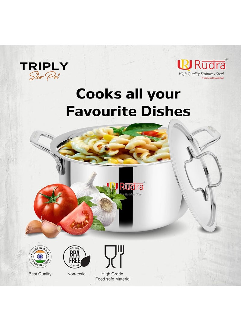 Rudra TriPly SAS SteelAluminiumSteel 3 Layers Stewpot Casserole Biryani Pot Stock Pot with SS Lid Silver RU9003 22 cm