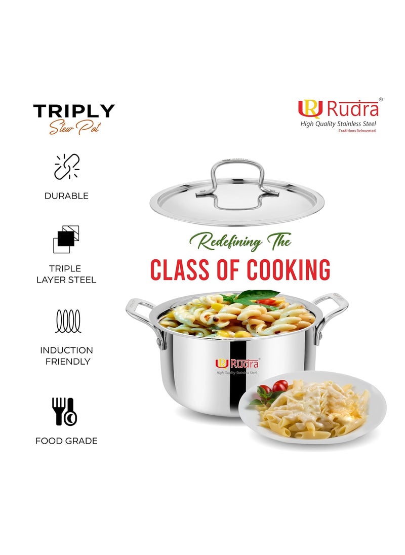 Rudra TriPly SAS SteelAluminiumSteel 3 Layers Stewpot Casserole Biryani Pot Stock Pot with SS Lid Silver RU9003 22 cm