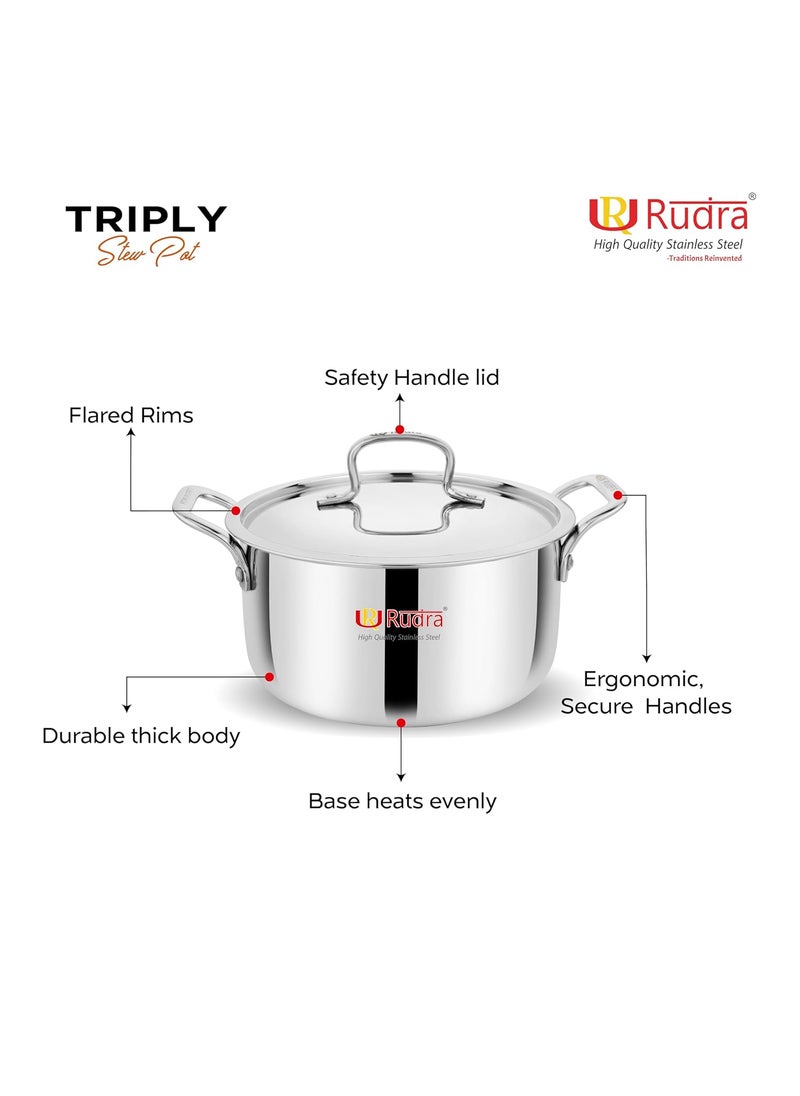 Rudra TriPly SAS SteelAluminiumSteel 3 Layers Stewpot Casserole Biryani Pot Stock Pot with SS Lid Silver RU9003 22 cm
