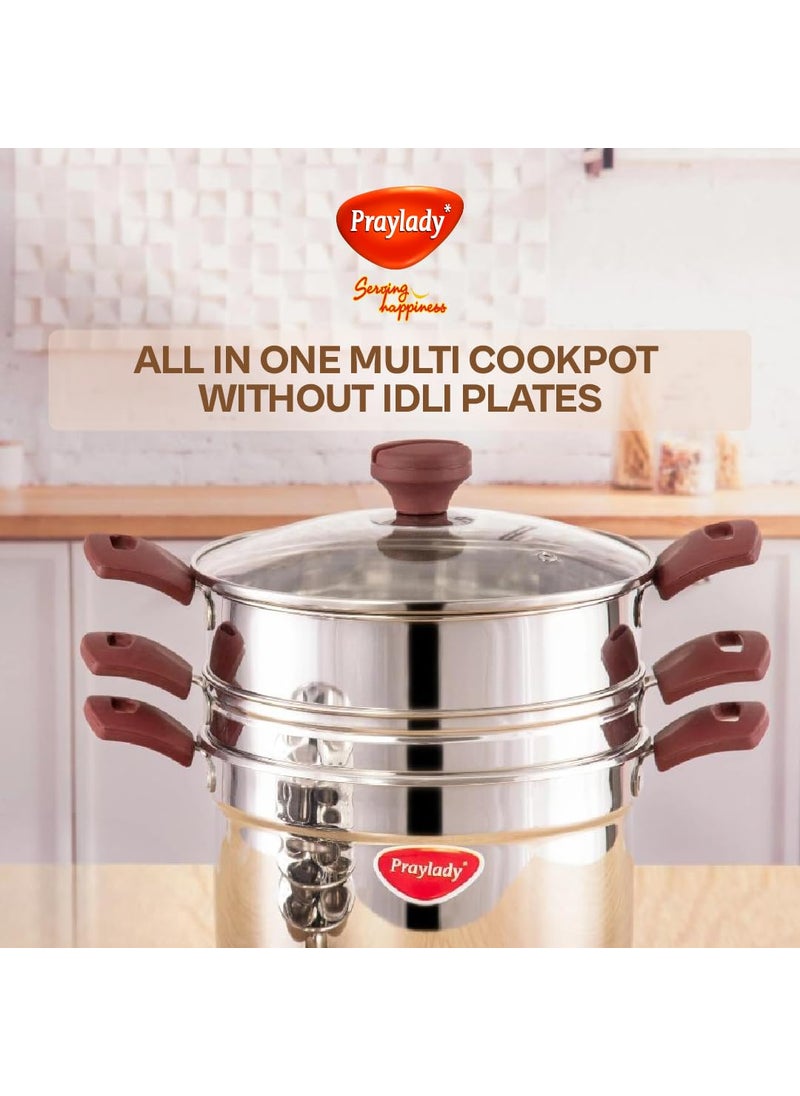 Praylady MultiPurpose Cookpot with Glass Lid Includes Strainer and Steamer Pot Triply Base Sandwich Bottom HeatResistant Silicone Handles for Cooking Steaming and Fryingwo idly Plate