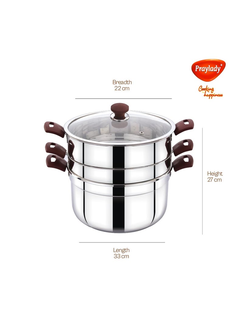 Praylady MultiPurpose Cookpot with Glass Lid Includes Strainer and Steamer Pot Triply Base Sandwich Bottom HeatResistant Silicone Handles for Cooking Steaming and Fryingwo idly Plate