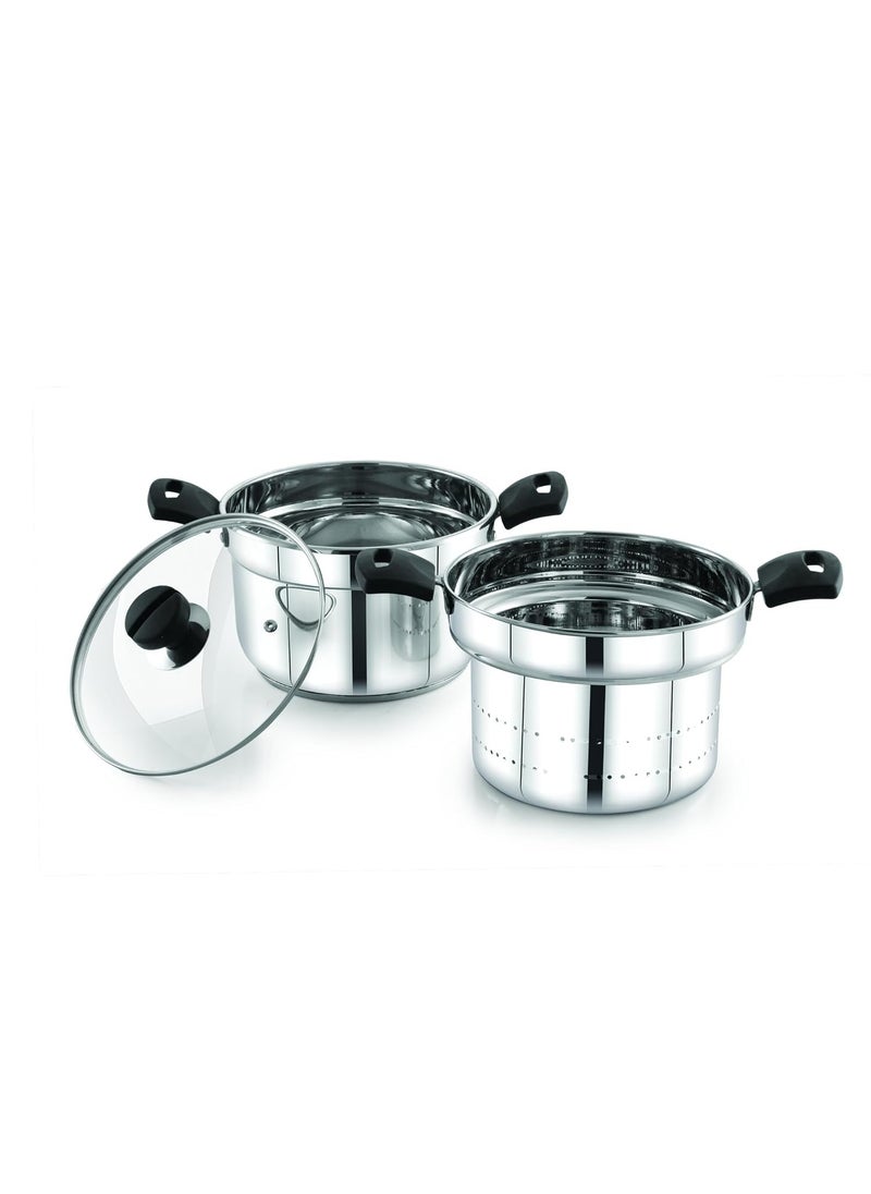 Praylady MultiPurpose Cookpot with Glass Lid Includes Strainer and Steamer Pot Triply Base Sandwich Bottom HeatResistant Silicone Handles for Cooking Steaming and Fryingwo idly Plate