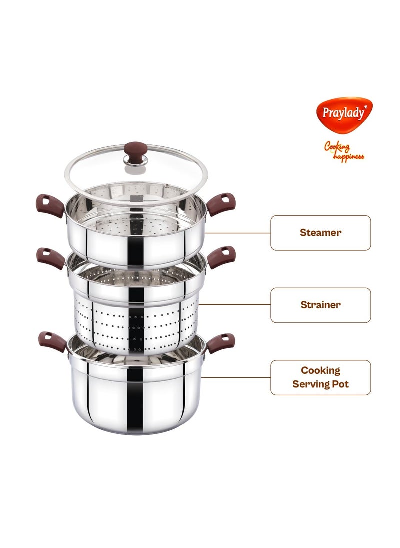 Praylady MultiPurpose Cookpot with Glass Lid Includes Strainer and Steamer Pot Triply Base Sandwich Bottom HeatResistant Silicone Handles for Cooking Steaming and Fryingwo idly Plate