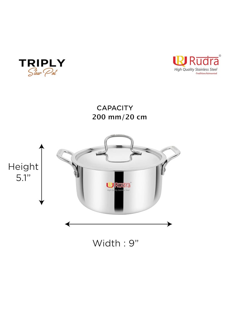 Rudra TriPly SAS SteelAluminiumSteel 3 Layers Stewpot Casserole Biryani Pot Stock Pot with SS Lid Silver RU9003 20 cm