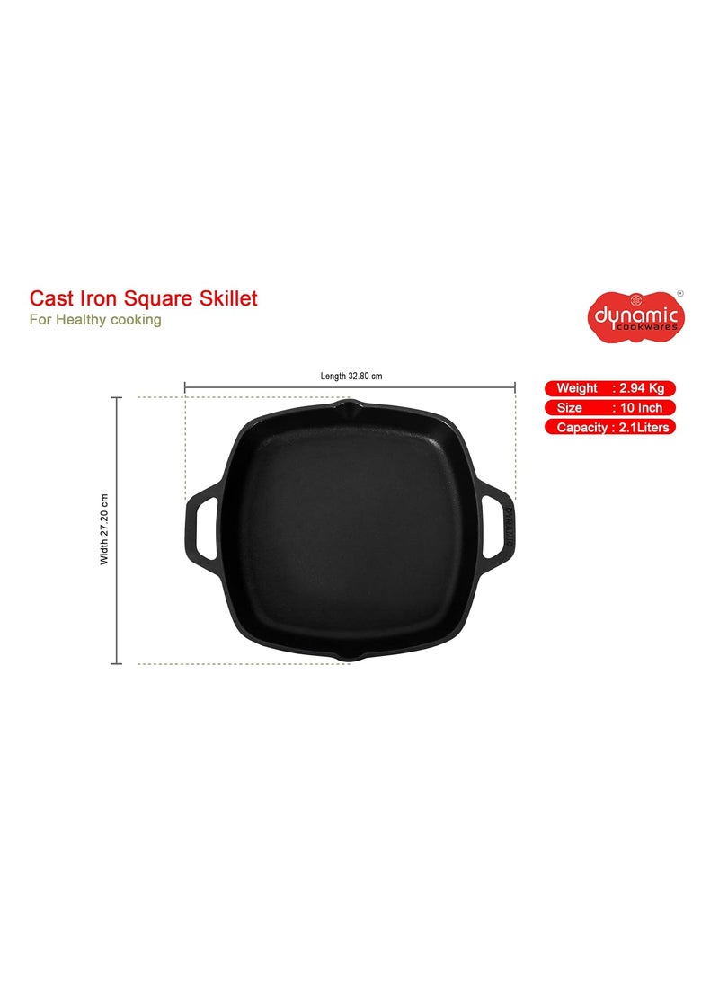 DYNAMIC COOKWARES PreSeasoned Even Matt Finish Square Cast Iron Fry PanSkillet 10 Inch 2720 CM 100 Pure ToxinFree Natural Nonstick Induction Based Square Deep Frying Pan Black