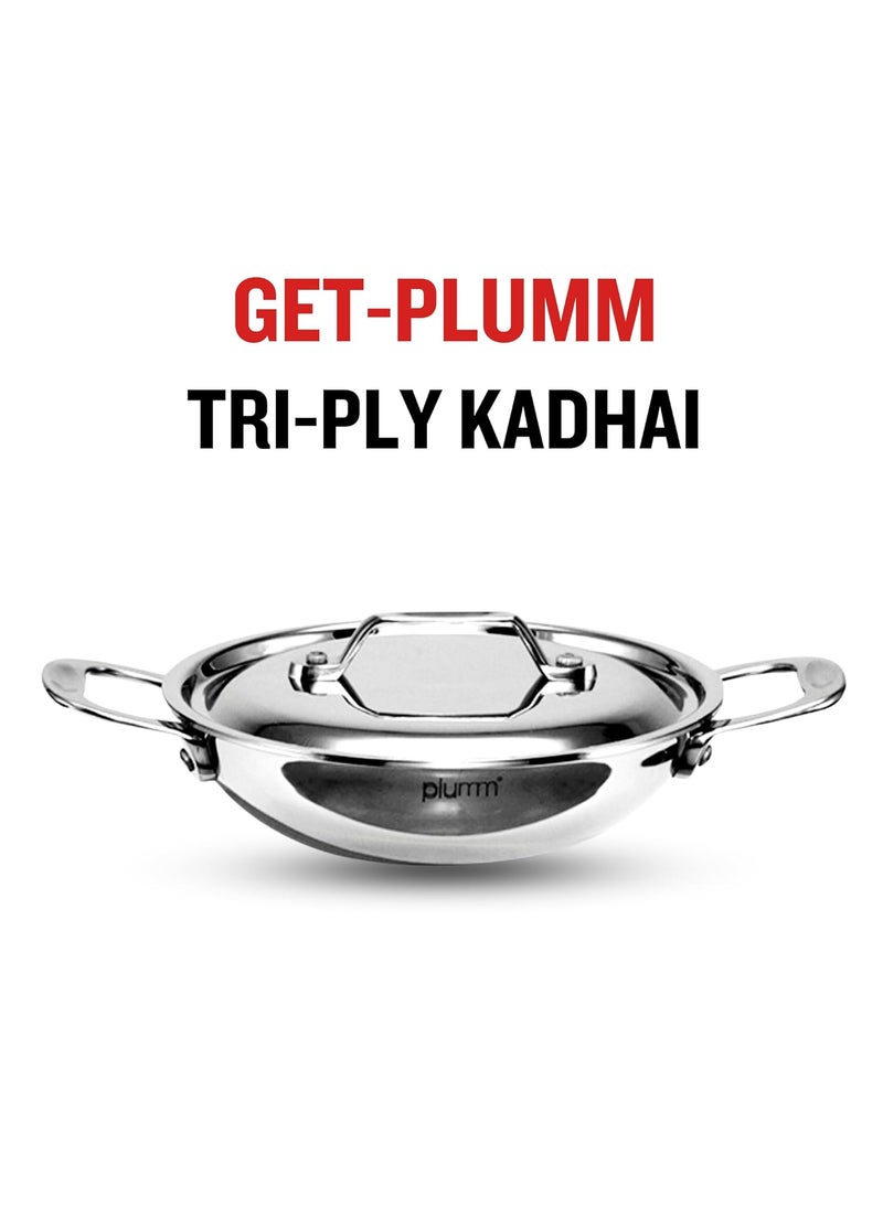 PLUMM Get Stainless Steel Kadhai with Lid 25mm Thick Extra Deep Kadhai Kadhai for Cooking Deep Frying Heavy Bottom Induction Base Triply Kadai Silver 28cm 5 LTR 5 Years Warranty