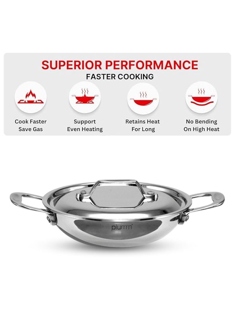 PLUMM Get Stainless Steel Kadhai with Lid 25mm Thick Extra Deep Kadhai Kadhai for Cooking Deep Frying Heavy Bottom Induction Base Triply Kadai Silver 28cm 5 LTR 5 Years Warranty