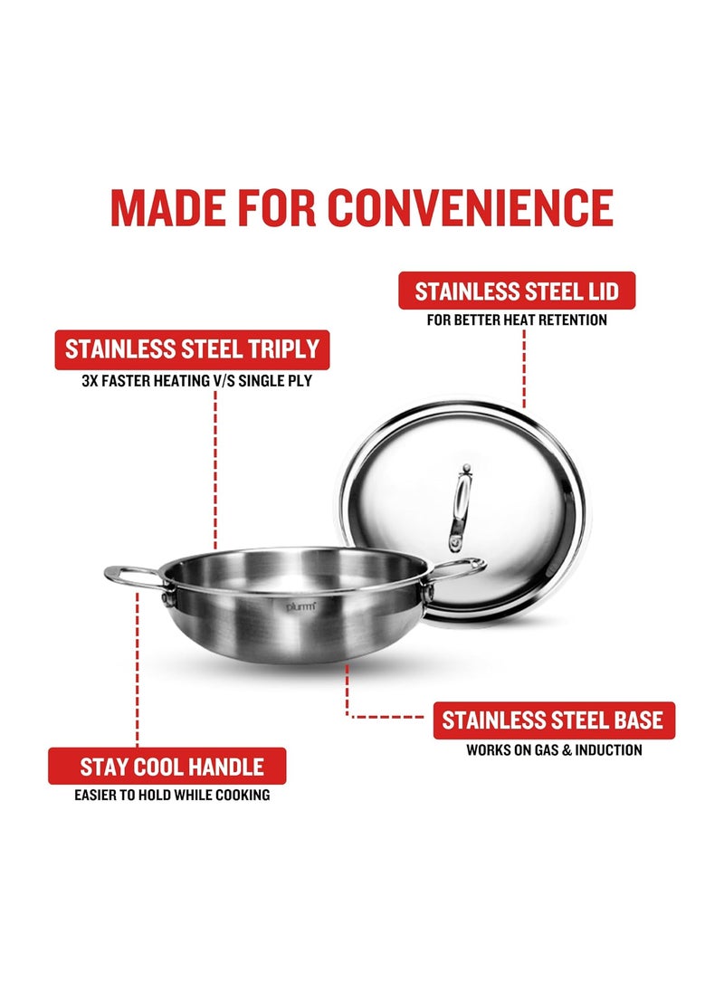 PLUMM Get Stainless Steel Kadhai with Lid 25mm Thick Extra Deep Kadhai Kadhai for Cooking Deep Frying Heavy Bottom Induction Base Triply Kadai Silver 28cm 5 LTR 5 Years Warranty