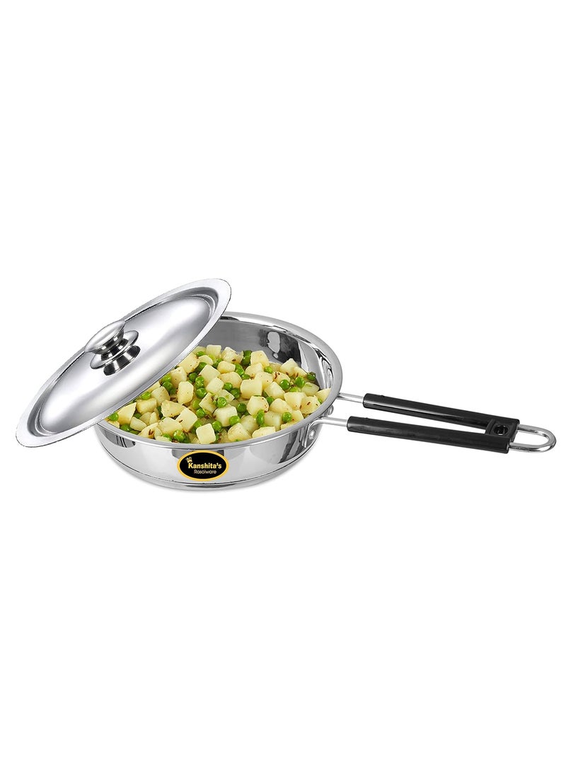 Kanshitas Rasoiware Heavy Geauge Stainless Steel Induction Bottom Fry PanTadka Pan with Steel Lid 1 Liter