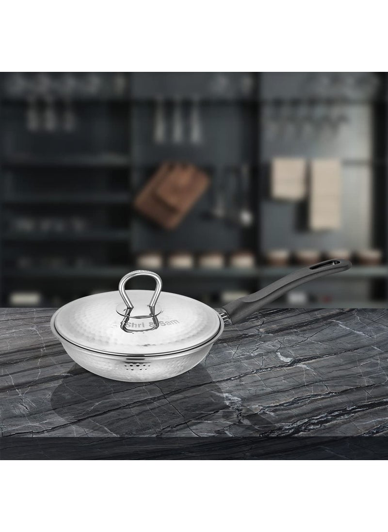 Shri Sam Stainless Steel Hammered Heavy Weight Fry Pan with lid 25 MM 20 CM