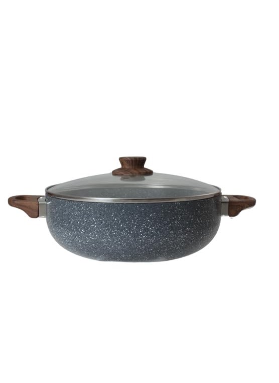 PLUMM Get Granite Kadhai Granite Stone Kadhai Deep Frying Pot Induction Kadai Induction Base Deep Kadai Fry Fan with Wooden Handle 24cmGray 1 Year Warranty