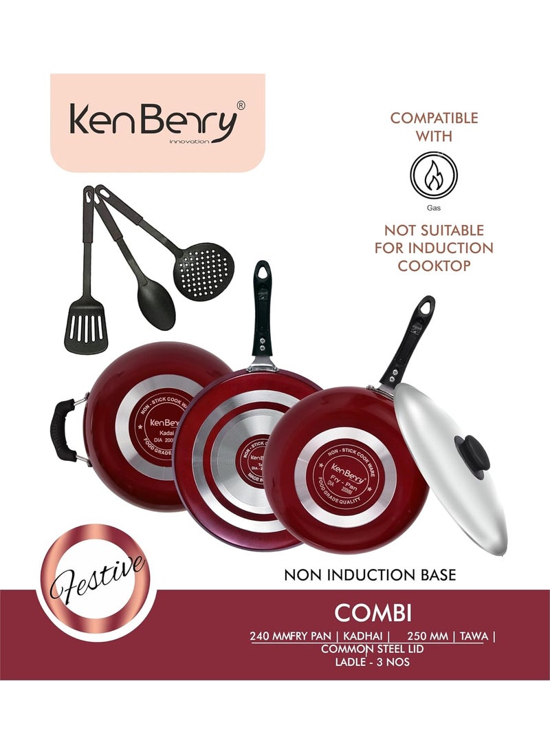KenBerry Prime 240 Non Stick Kitchen Combo Kadhai Tawa Frya Pan 3 Ladle Steel Lid NonStick Cookware Set Aluminium 7 PCs Set Non Induction Base