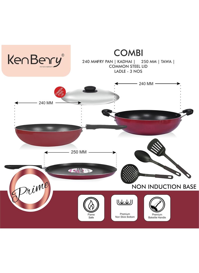 KenBerry Prime 240 Non Stick Kitchen Combo Kadhai Tawa Frya Pan 3 Ladle Steel Lid NonStick Cookware Set Aluminium 7 PCs Set Non Induction Base