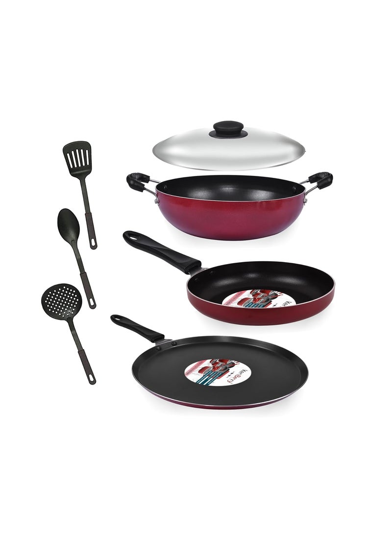 KenBerry Prime 240 Non Stick Kitchen Combo Kadhai Tawa Frya Pan 3 Ladle Steel Lid NonStick Cookware Set Aluminium 7 PCs Set Non Induction Base