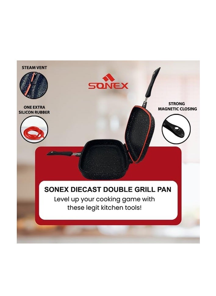 SONEX Die Cast Double Grill Pan 36cm, Ceramic Coating with Extra Rubber