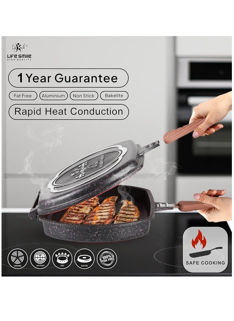 LIFE SMILE Granite Coating Double Grill Pan 32cm, Scrach Proof