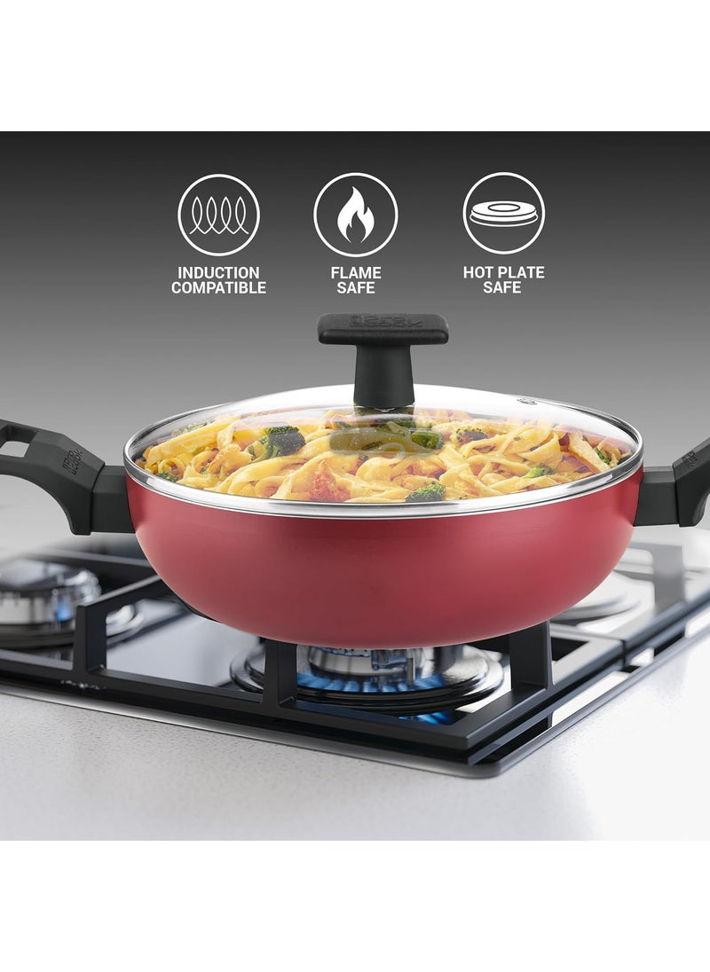 MILTON Pro cook Aluminium Granito Induction Kadhai with Lid 24 Cm 28 Litre Burgundy 2 Years Warranty