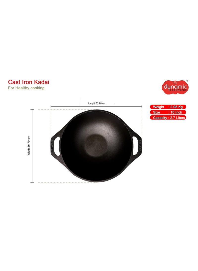DYNAMIC COOKWARES Naturally Non Stick Even Matte Finish Kadai 10 Inch Cast Iron Kadaai for Induction Stove Premium Pre Seasoned Iron Wok Ultra Thick Base for Even Cooking Wok with Dual Handle