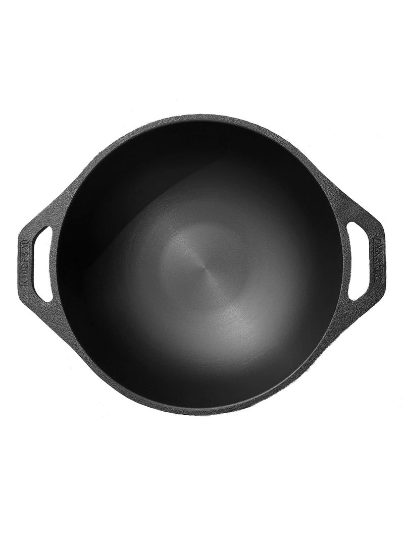 DYNAMIC COOKWARES Naturally Non Stick Even Matte Finish Kadai 10 Inch Cast Iron Kadaai for Induction Stove Premium Pre Seasoned Iron Wok Ultra Thick Base for Even Cooking Wok with Dual Handle