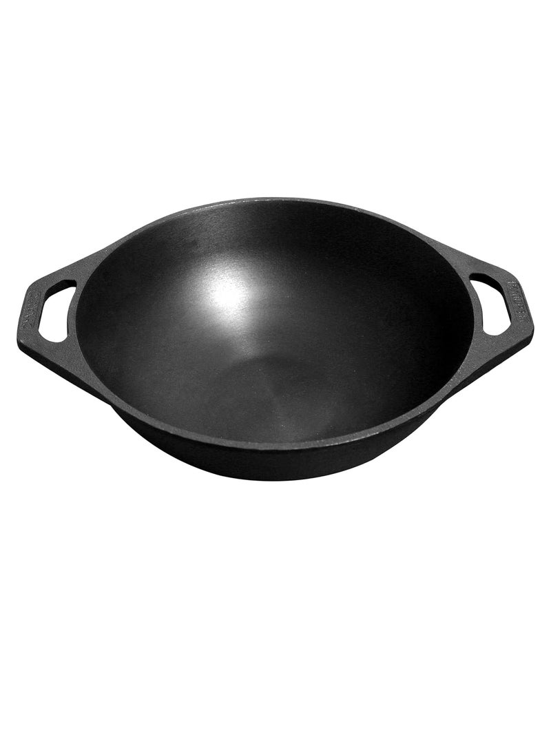 DYNAMIC COOKWARES Naturally Non Stick Even Matte Finish Kadai 10 Inch Cast Iron Kadaai for Induction Stove Premium Pre Seasoned Iron Wok Ultra Thick Base for Even Cooking Wok with Dual Handle