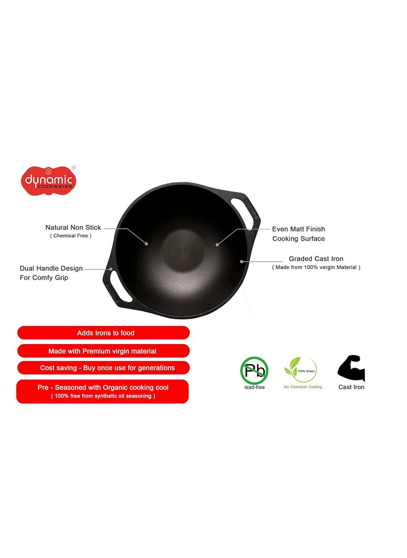 DYNAMIC COOKWARES Naturally Non Stick Even Matte Finish Kadai 10 Inch Cast Iron Kadaai for Induction Stove Premium Pre Seasoned Iron Wok Ultra Thick Base for Even Cooking Wok with Dual Handle