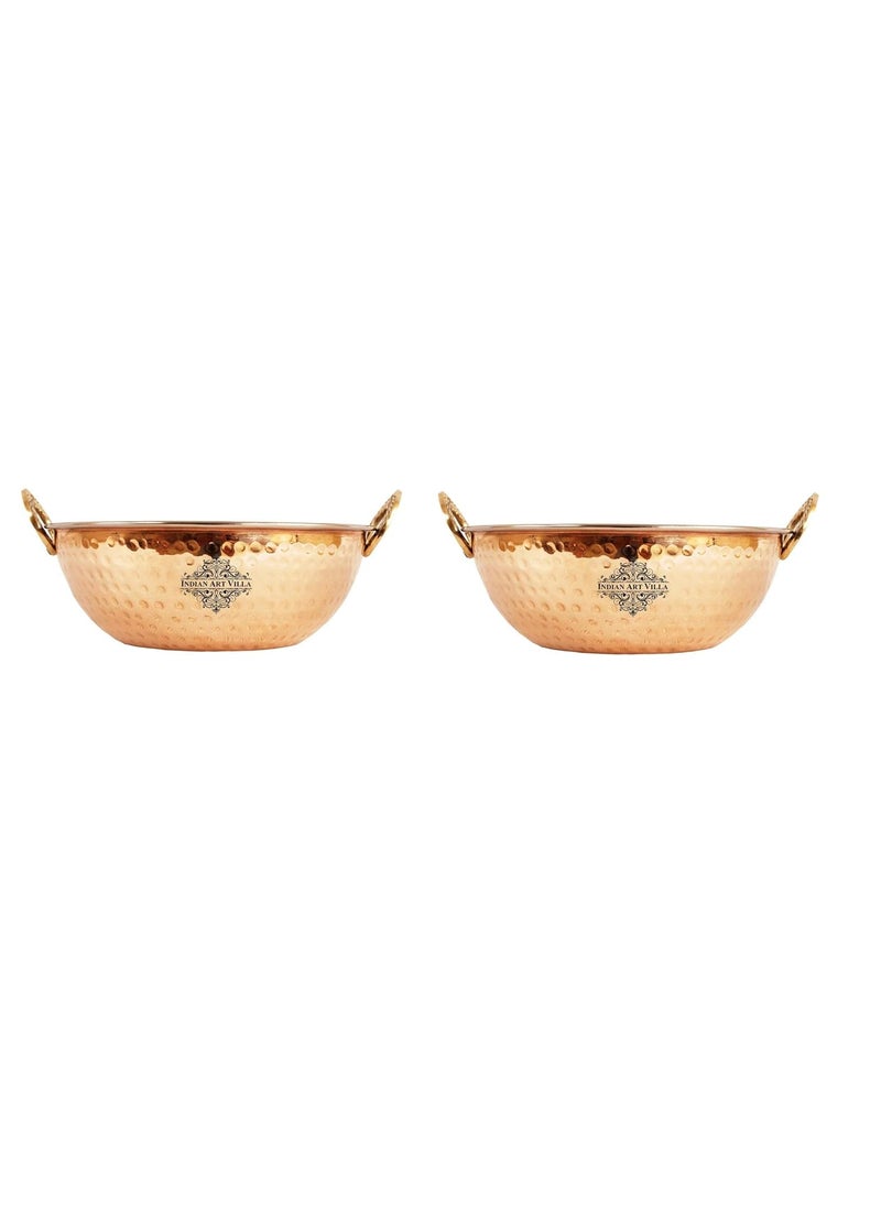 Indian Art Villa Hammered Steel Copper Kadhai Wok Bowl Serving Dishes Tableware 500 ml Set of 2