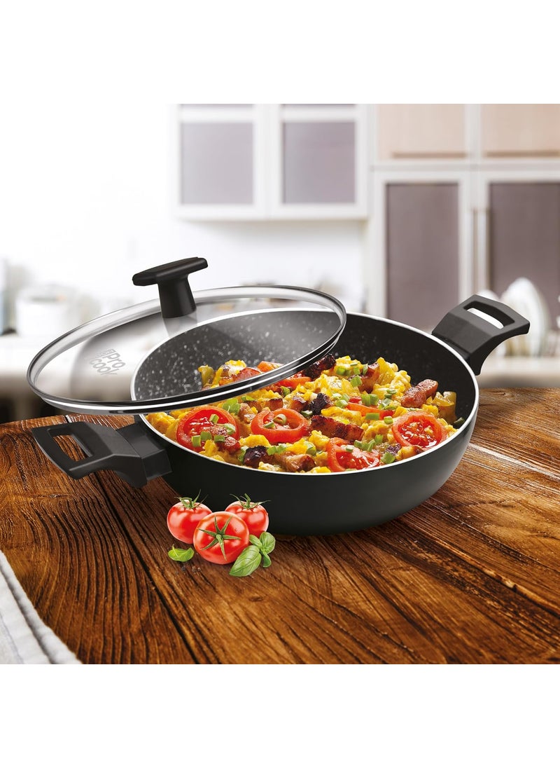 MILTON Pro cook Granito Aluminium Kadhai 28 cm41 Litre with Glass Lid Induction Base Metal Spoon Friendly 5 Layer NonStick Coating Deep Kadai 2 Years Warranty Black