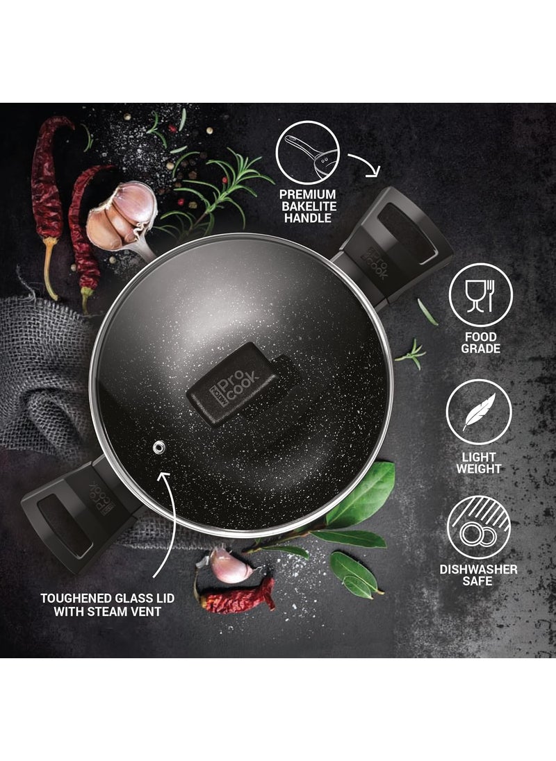 MILTON Pro cook Granito Aluminium Kadhai 28 cm41 Litre with Glass Lid Induction Base Metal Spoon Friendly 5 Layer NonStick Coating Deep Kadai 2 Years Warranty Black