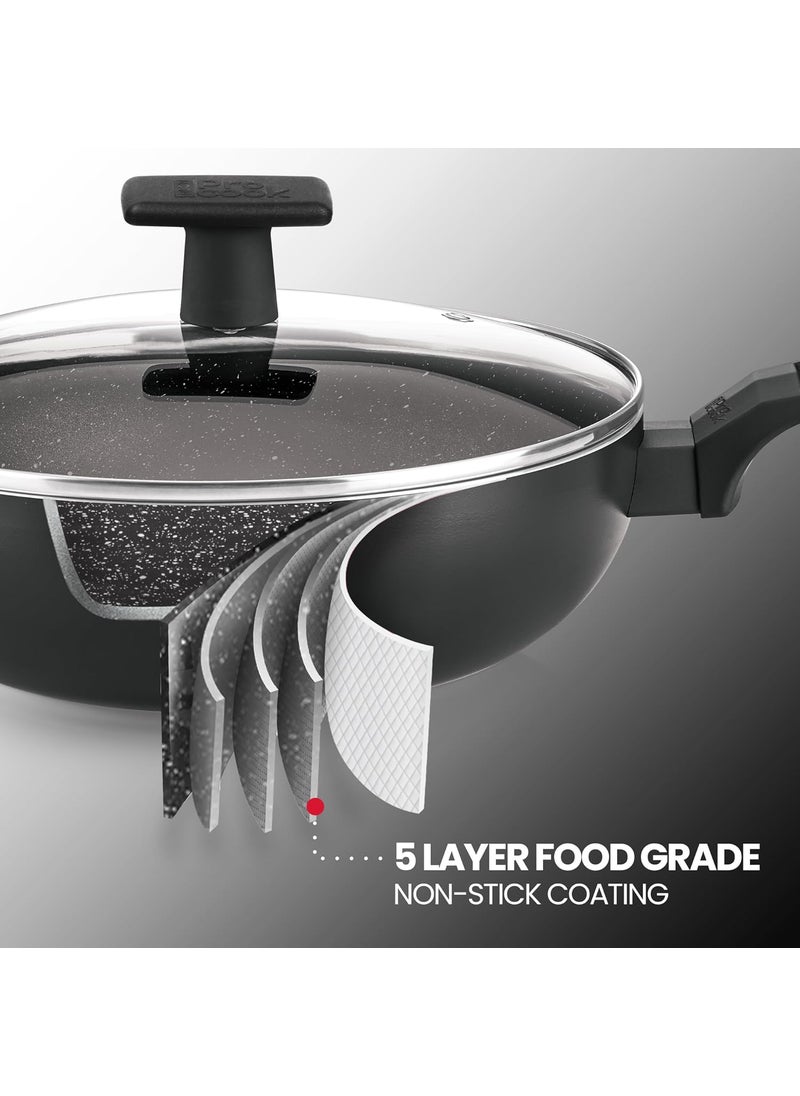 MILTON Pro cook Granito Aluminium Kadhai 28 cm41 Litre with Glass Lid Induction Base Metal Spoon Friendly 5 Layer NonStick Coating Deep Kadai 2 Years Warranty Black