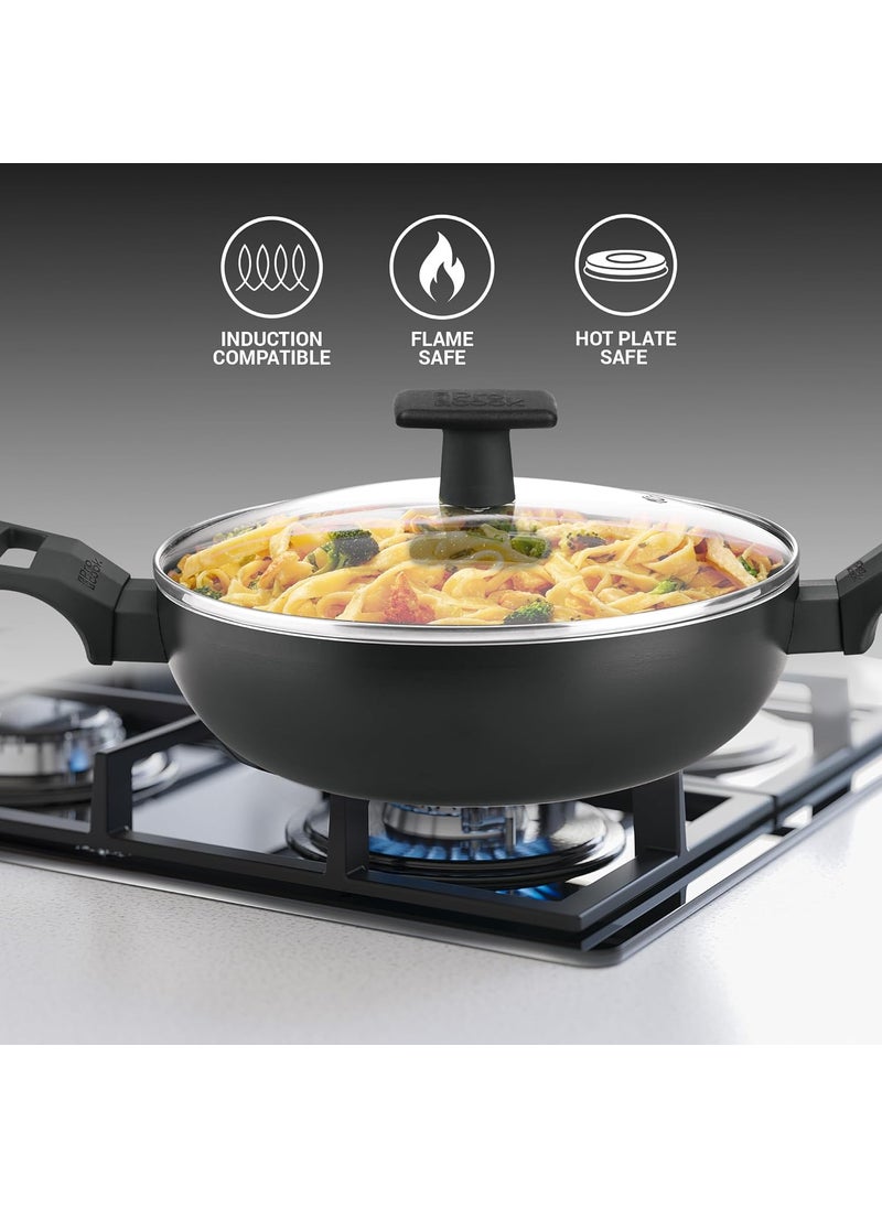 MILTON Pro cook Granito Aluminium Kadhai 28 cm41 Litre with Glass Lid Induction Base Metal Spoon Friendly 5 Layer NonStick Coating Deep Kadai 2 Years Warranty Black
