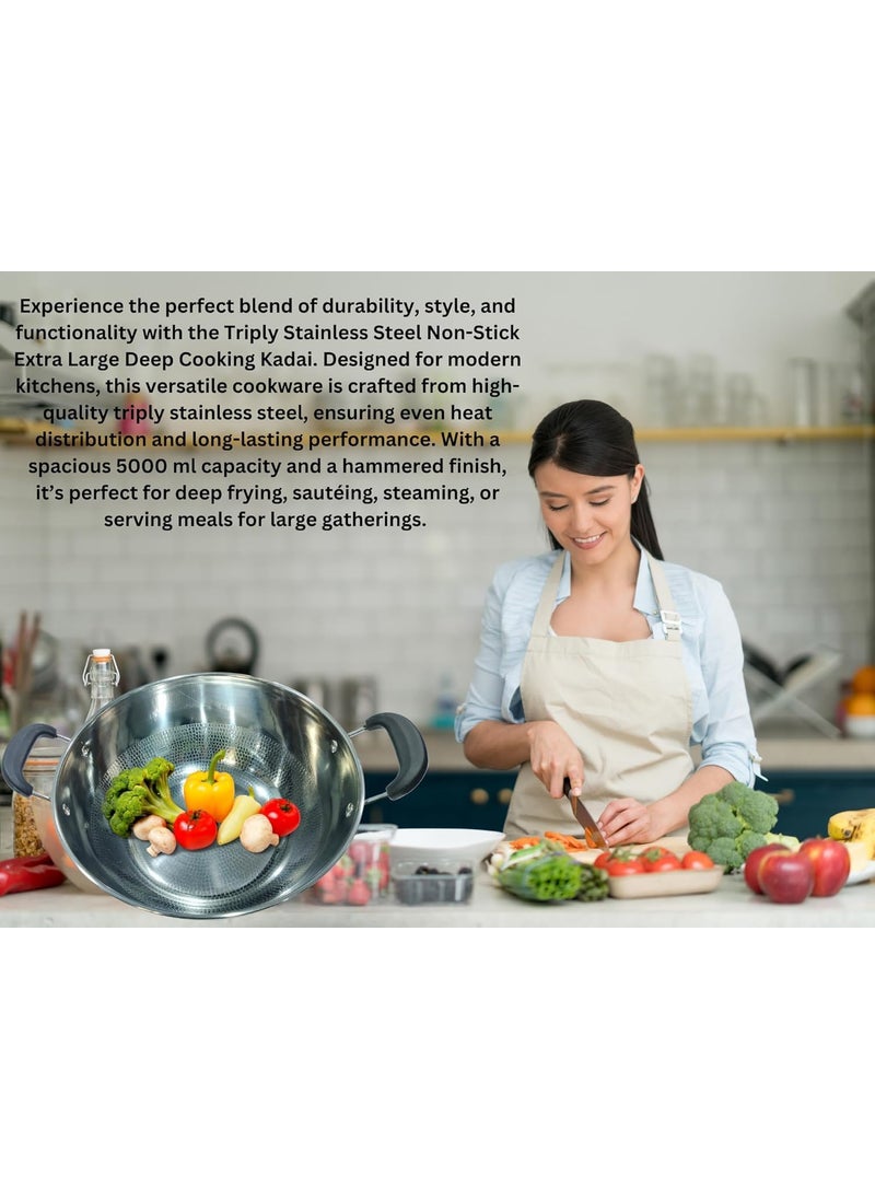 Yopple Stainless Steel NonStick Deep Kadai Wok 4000ml Heavy Base Frying Cooking Pot Induction Bottom Stockpot ExtraLarge Stewpot with Handles MultiPurpose Kitchen Cookware