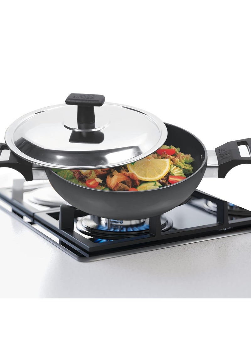 MILTON Pro cook Hard Anodized NonStick Kadhai with Stainless Steel Lid 26 cm 34L Metal Spoon Friendly Aluminium Deep Kadai for Cooking Induction Gas Stove Compatible 3 Years Warranty