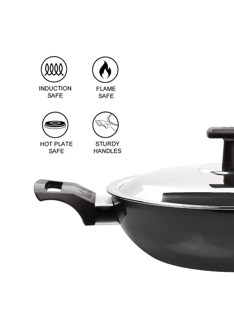MILTON Pro cook Hard Anodized NonStick Kadhai with Stainless Steel Lid 26 cm 34L Metal Spoon Friendly Aluminium Deep Kadai for Cooking Induction Gas Stove Compatible 3 Years Warranty