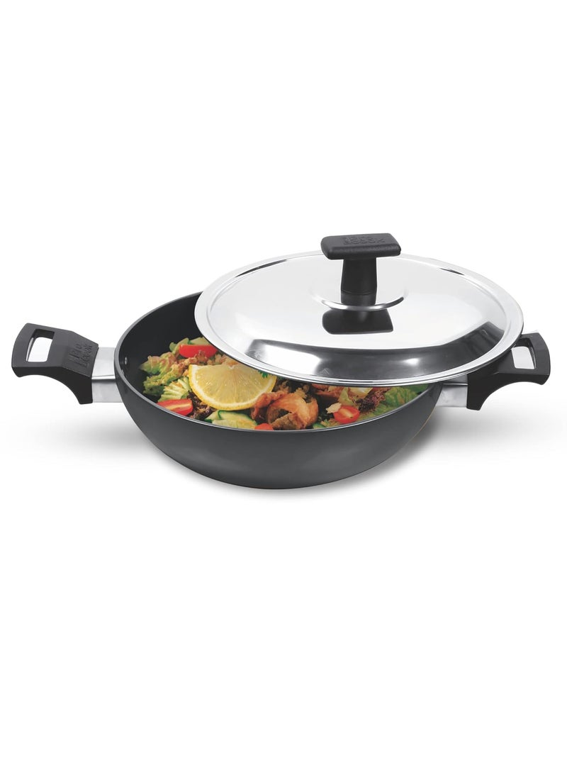 MILTON Pro cook Hard Anodized NonStick Kadhai with Stainless Steel Lid 26 cm 34L Metal Spoon Friendly Aluminium Deep Kadai for Cooking Induction Gas Stove Compatible 3 Years Warranty