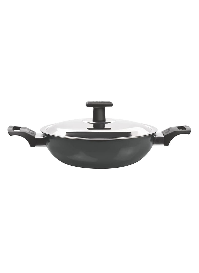 MILTON Pro cook Hard Anodized NonStick Kadhai with Stainless Steel Lid 26 cm 34L Metal Spoon Friendly Aluminium Deep Kadai for Cooking Induction Gas Stove Compatible 3 Years Warranty