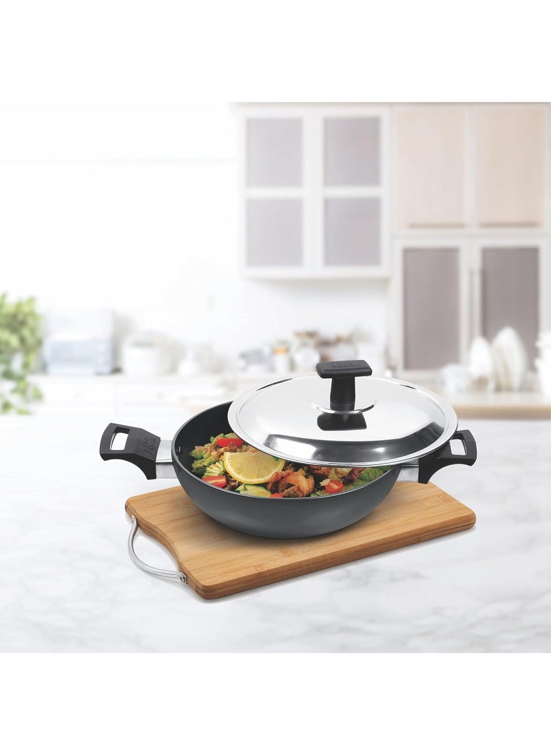 MILTON Pro cook Hard Anodized NonStick Kadhai with Stainless Steel Lid 26 cm 34L Metal Spoon Friendly Aluminium Deep Kadai for Cooking Induction Gas Stove Compatible 3 Years Warranty