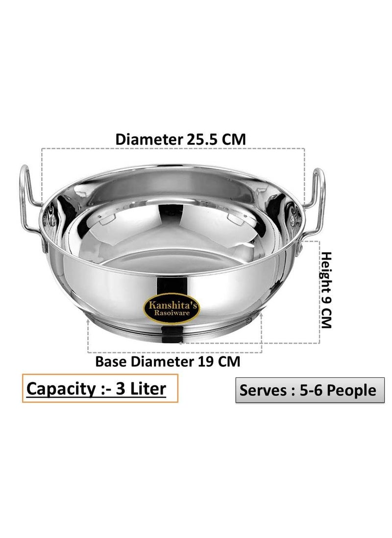 Kanshitas Rasoiware Heavy Gauge Stainless Steel Induction BottomGas Stove Friendly Kadai With Lid 3 Litre Silver
