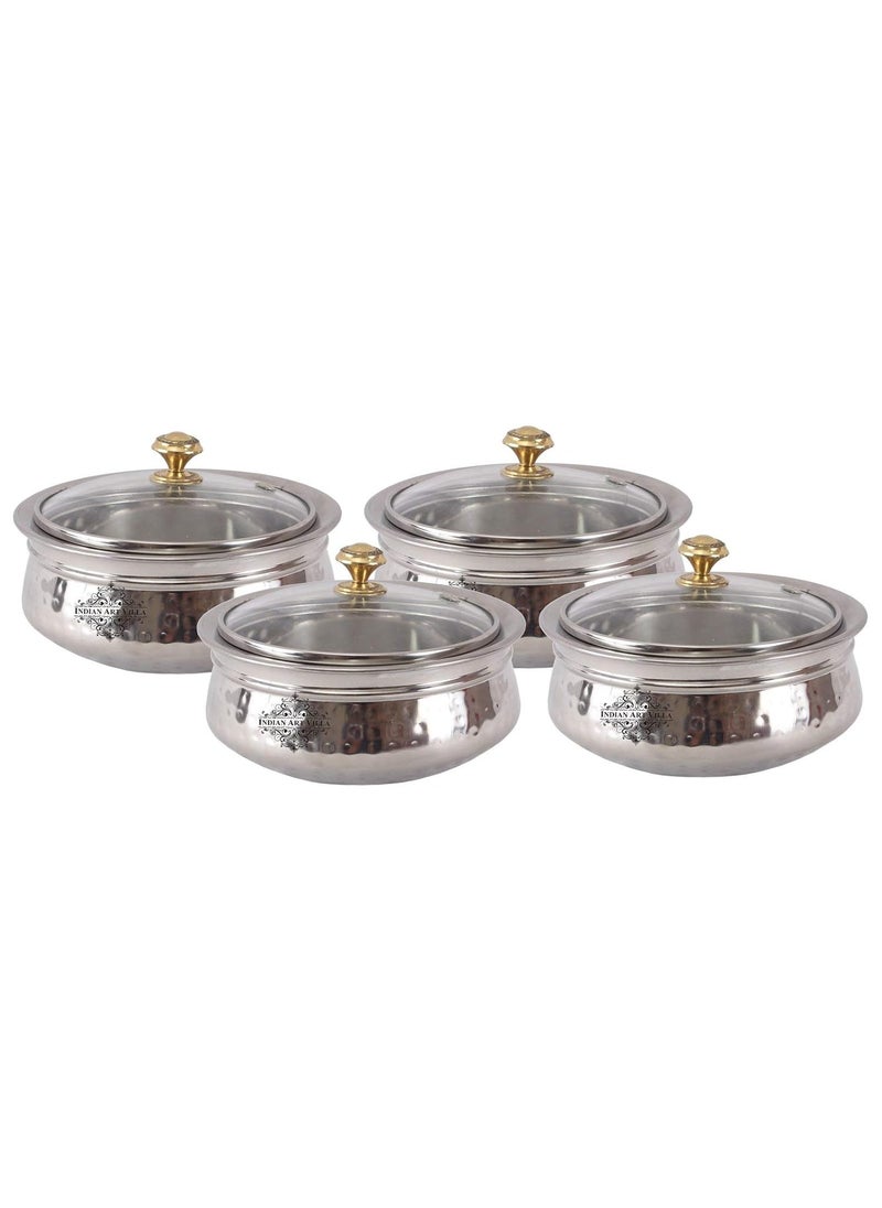 Indian Art Villa Stainless Steel Set of 4 Handi with Glass Lid 600 ML Each Serving Cooking Briyani Paneer Dishes Home Hotel Restaurant