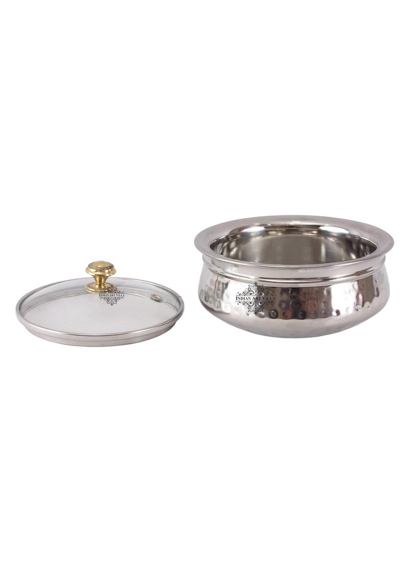 Indian Art Villa Stainless Steel Set of 4 Handi with Glass Lid 600 ML Each Serving Cooking Briyani Paneer Dishes Home Hotel Restaurant