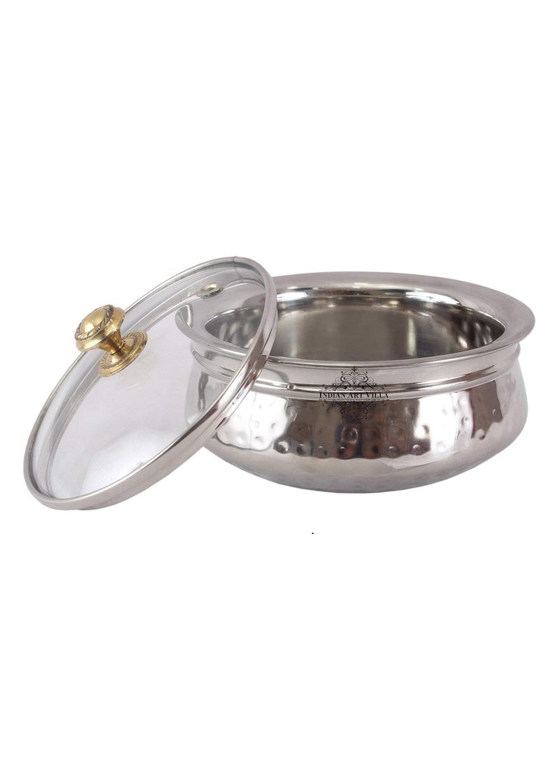 Indian Art Villa Stainless Steel Set of 4 Handi with Glass Lid 600 ML Each Serving Cooking Briyani Paneer Dishes Home Hotel Restaurant