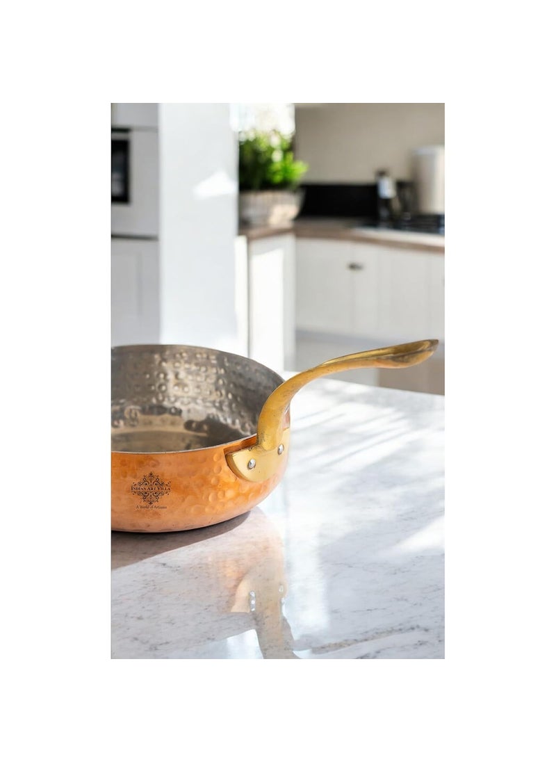 INDIAN ART VILLA Copper Cookware Round Pan with Hammered Design Brass Handle and Tin Lining 44 Inch Copper Pan for Cooking Serving Ideal for Traditional Modern Kitchen Use