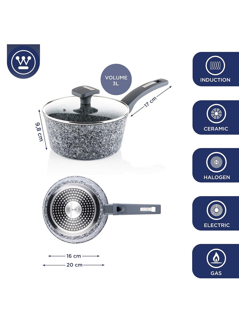 Westinghouse Granite Series Non Stick Saucepan with Lid 20 cm Saute Pan for Induction Gas Electric Ceramic Hob Grey Granite
