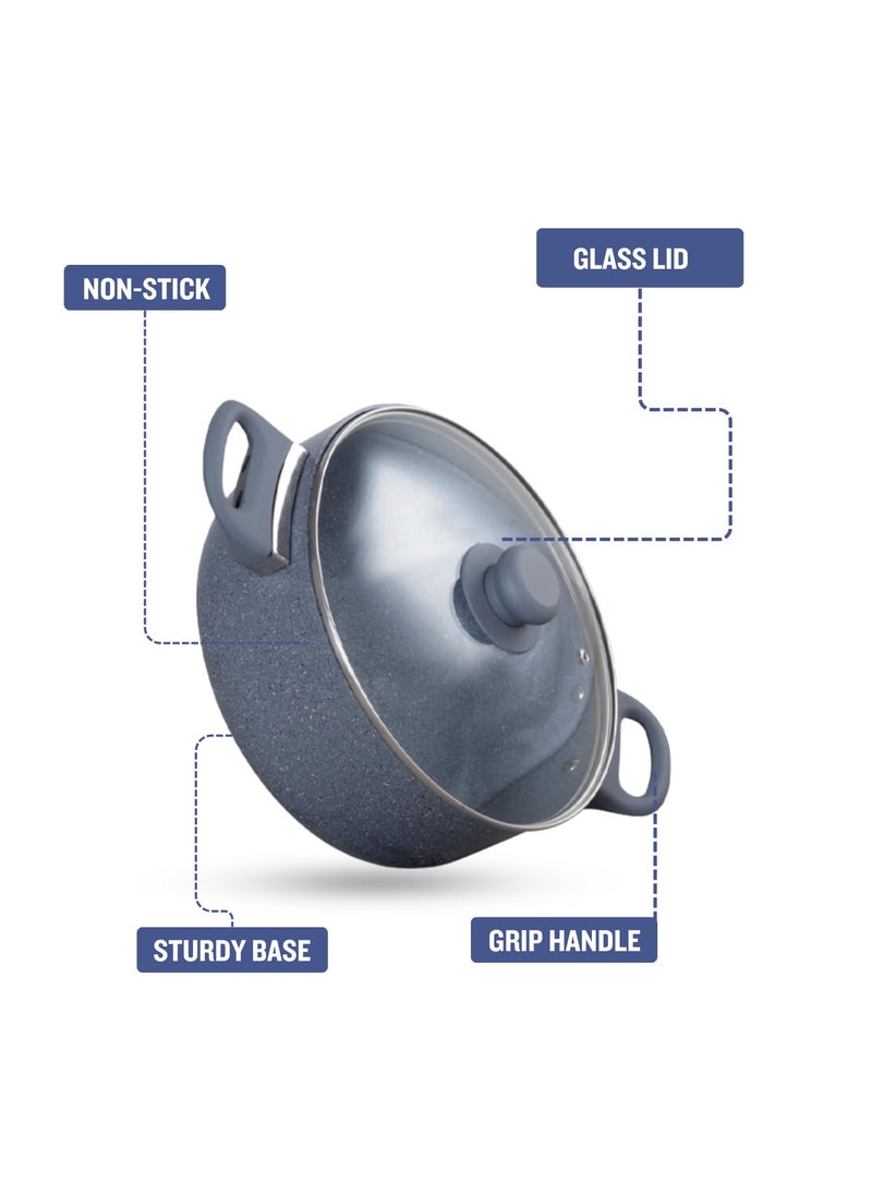 Get Plumm Sauce Pot Cookware with Handle Granite Stone Kadhai with Lid Induction Base Biryani Pot Glass lid Cool Touch Bakelite Handle Cooking Handi Pot 24cmGray 1 Year Warranty