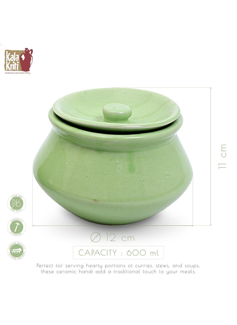 KALAKRITI 600 ML Ceramic Green Glossy Handi with Lid Dahi Handi Serving Handi Biryani Handi Sauce Pot Dining Tableware Curd Bowl Pack of 1