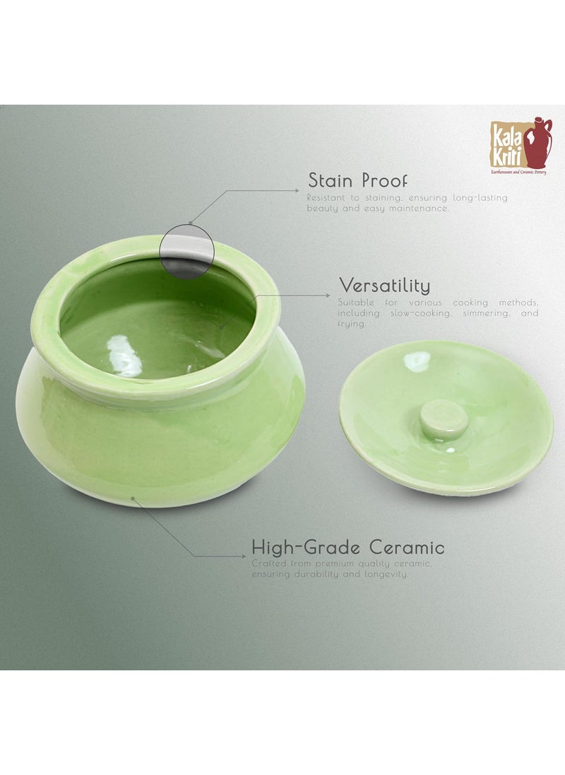 KALAKRITI 600 ML Ceramic Green Glossy Handi with Lid Dahi Handi Serving Handi Biryani Handi Sauce Pot Dining Tableware Curd Bowl Pack of 1