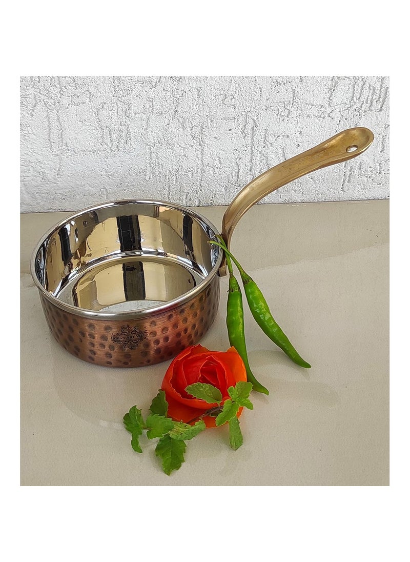 Indian Art Villa Steel Copper Antique Dark Tone Design Sauce Pan with Brass Handle Serveware Tableware Hotel Restaurant Diameter 5 Inch