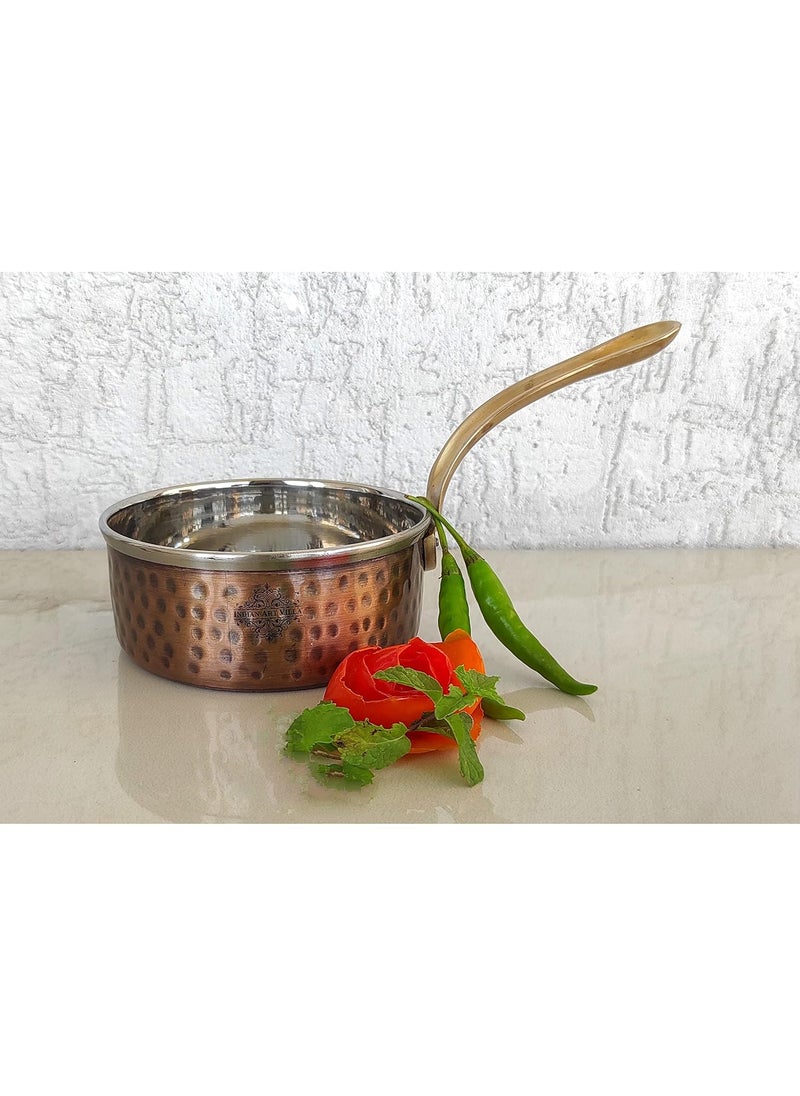Indian Art Villa Steel Copper Antique Dark Tone Design Sauce Pan with Brass Handle Serveware Tableware Hotel Restaurant Diameter 5 Inch