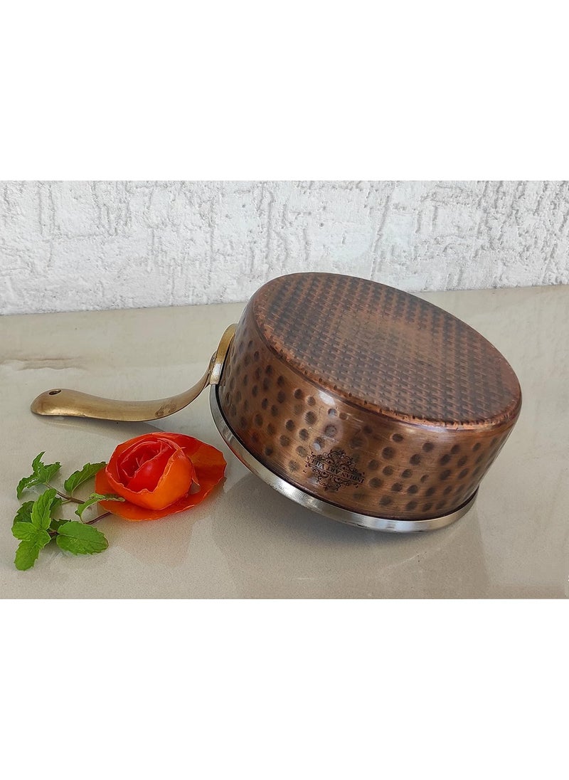 Indian Art Villa Steel Copper Antique Dark Tone Design Sauce Pan with Brass Handle Serveware Tableware Hotel Restaurant Diameter 5 Inch