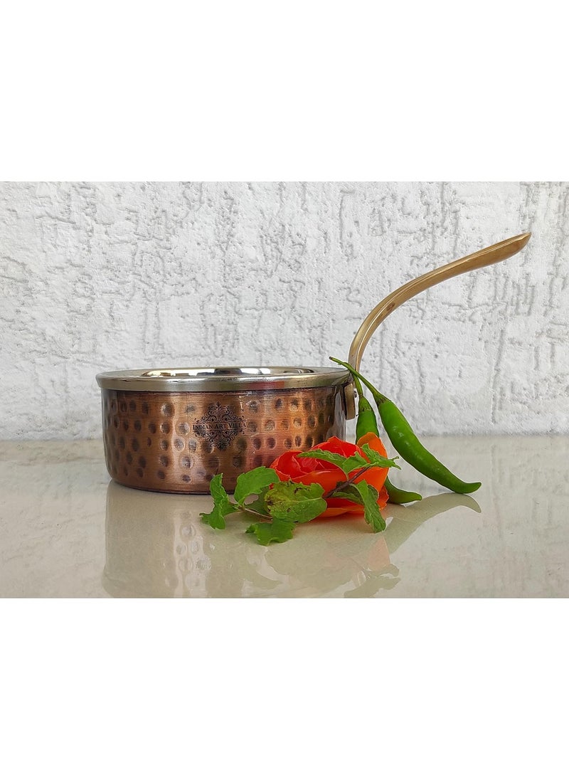 Indian Art Villa Steel Copper Antique Dark Tone Design Sauce Pan with Brass Handle Serveware Tableware Hotel Restaurant Diameter 5 Inch