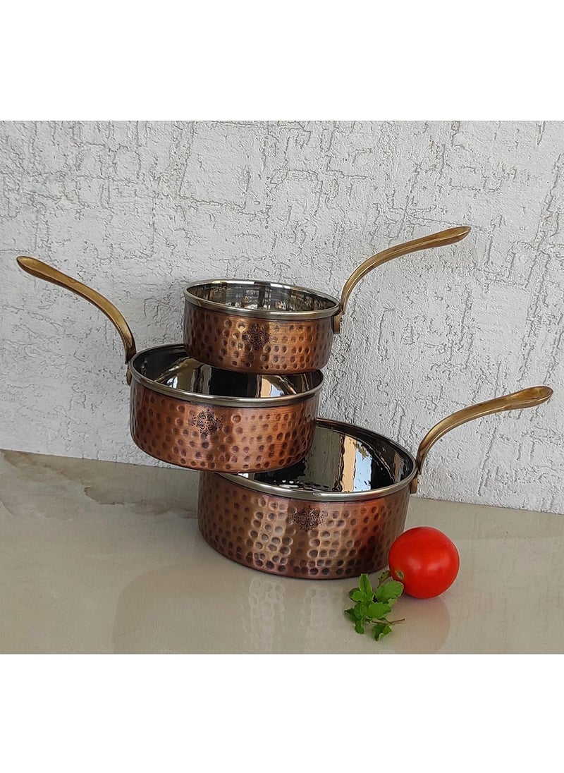 Indian Art Villa Steel Copper Antique Dark Tone Design Sauce Pan with Brass Handle Serveware Tableware Hotel Restaurant Diameter 5 Inch